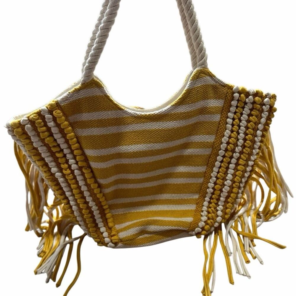 Vintage Women’s Yellow White Striped Fringe Shoulder Bag